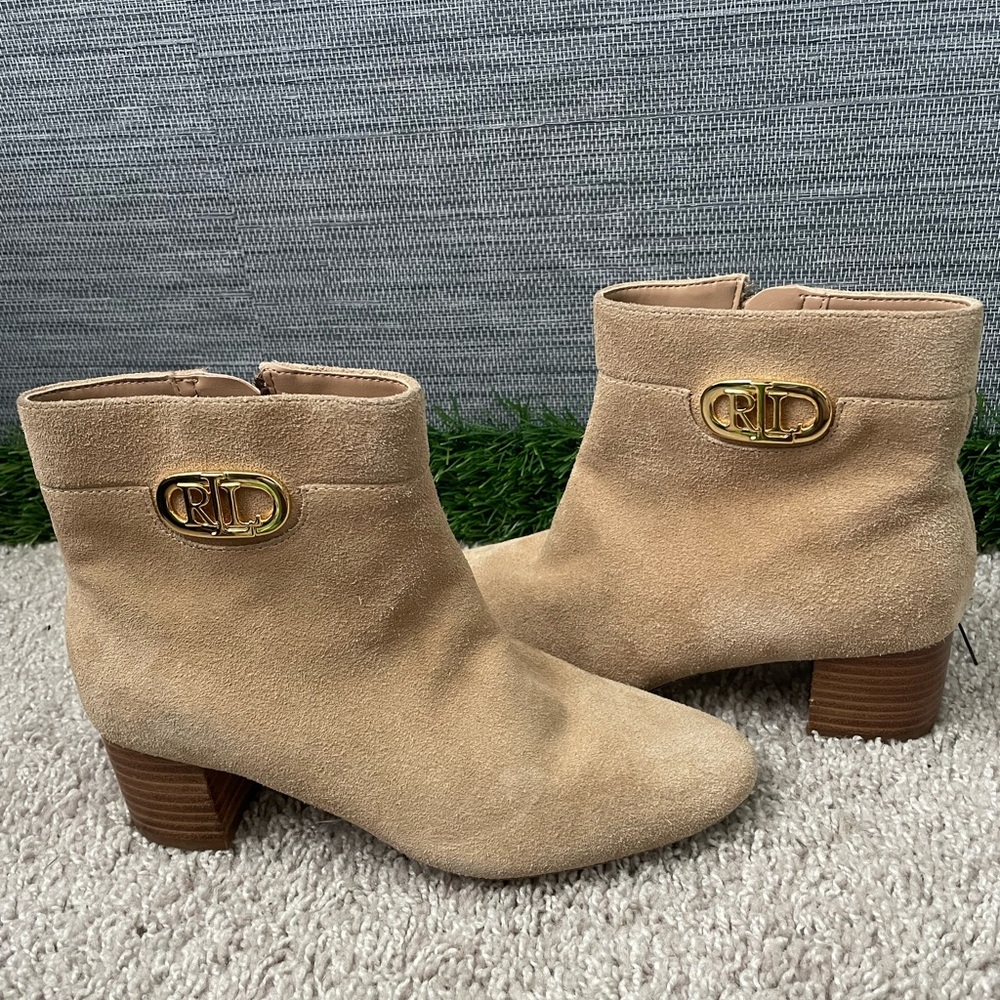 Lauren Ralph Lauren Beige Suede Ankle Boots with Gold Logo